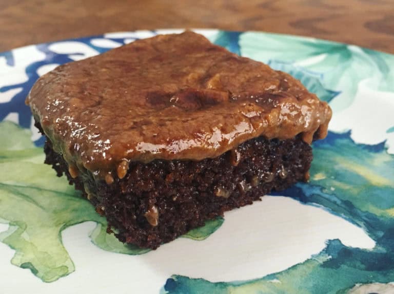 Chocolate Almond Flour Cake with Broiled Peanut Butter Frosting