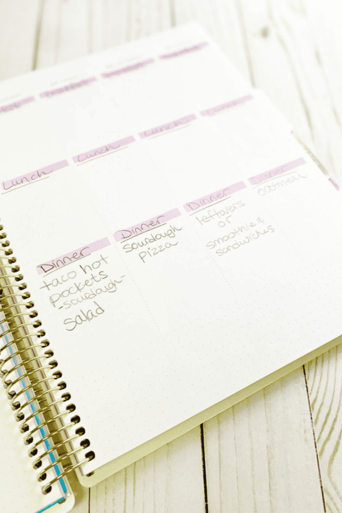 planner writing out weekly meal plan