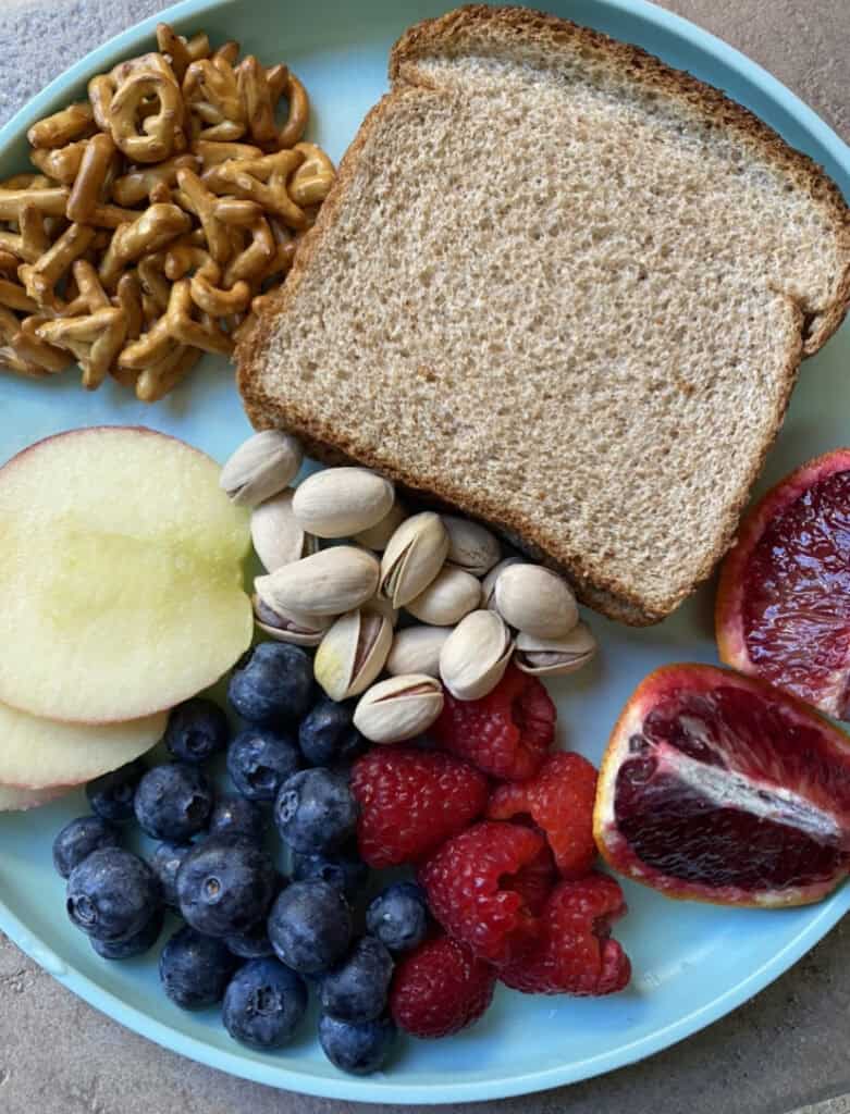 blue plate with a freezer peanut butter and jelly sandwich and fruit