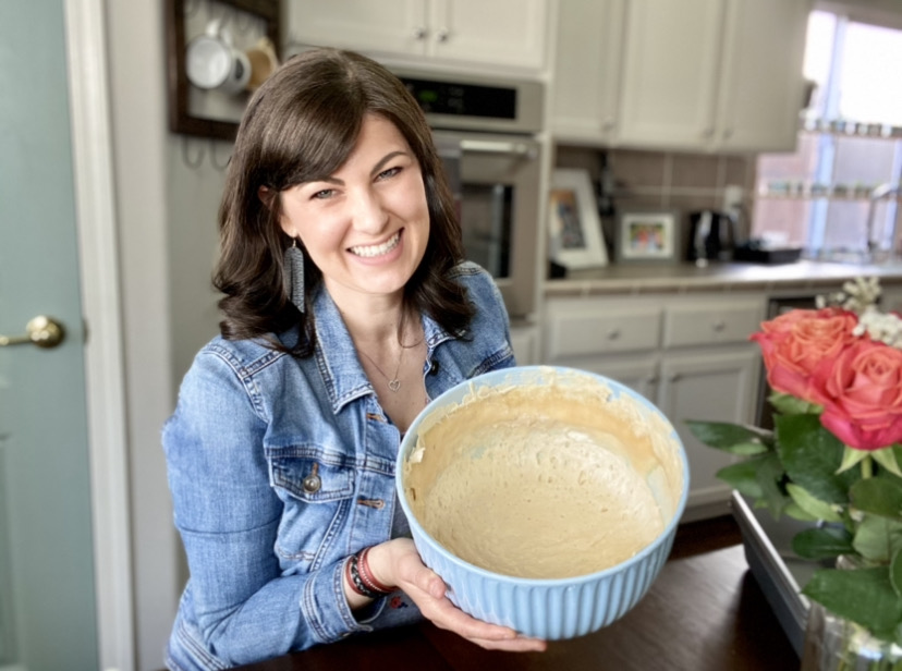 sourdough starter bowl with Aimee Guess making cinnamon swirl raisin bread