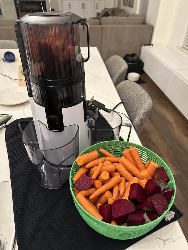 Aimee from Homemaker on a Budget preps ingredients for juicing