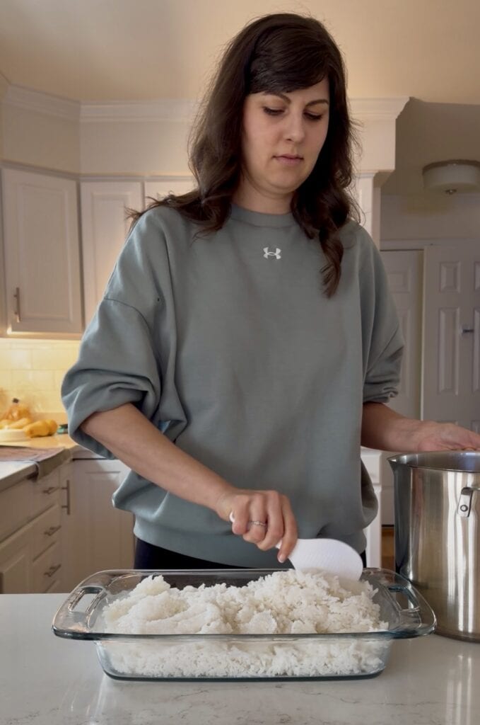 Aimee from Homemaker on a Budget cooks jasmine rice for hibachi dinner recipe at home. 