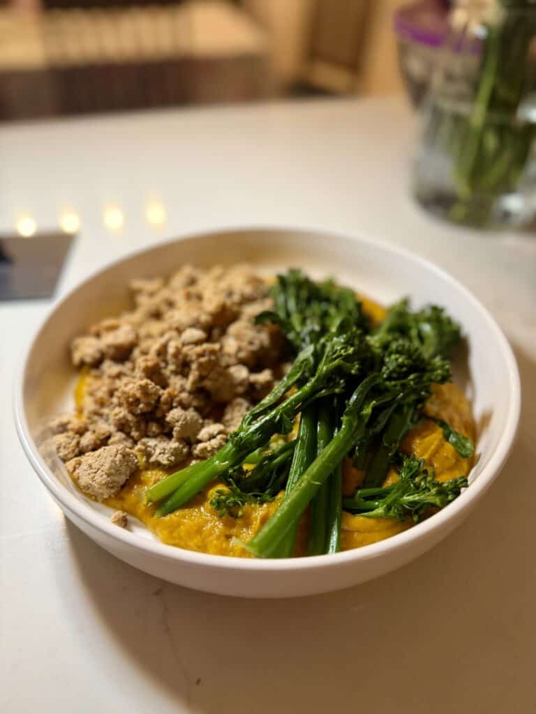 Aimee from Homemaker on a Budget brings a delicious, healthy dinner to the table in ground turkey and broccoli bowl with Root vegetable puree. 