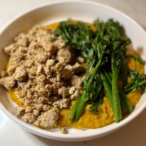 Aimee from Homemaker on a Budget serves ground turkey and broccoli bowl with Root vegetable puree.