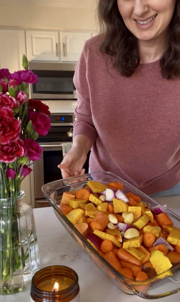 Aimee from Homemaker on a Budget prepares root vegetables for a healthy puree. 