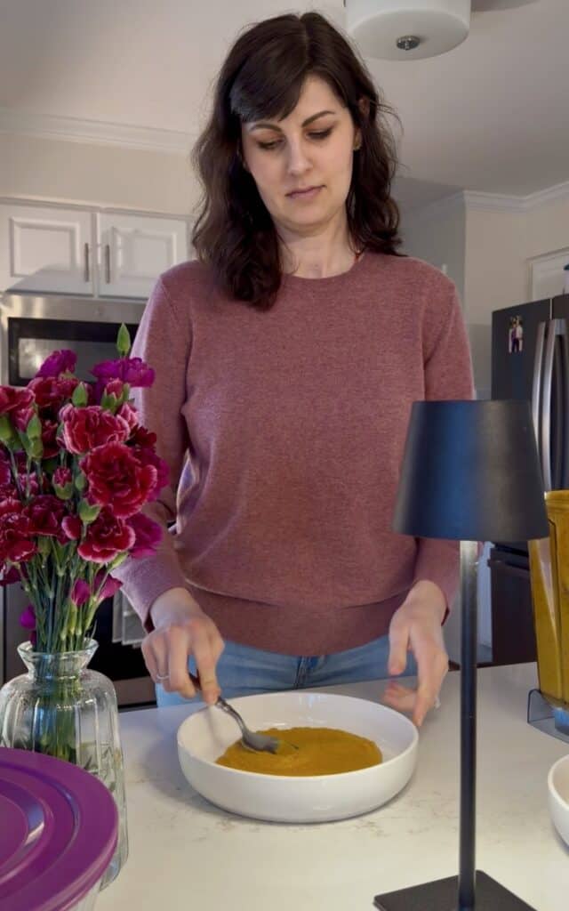 Aimee from Homemaker on a Budget serves her homemade root vegetable puree with sweet potatoes, carrots, and beets.