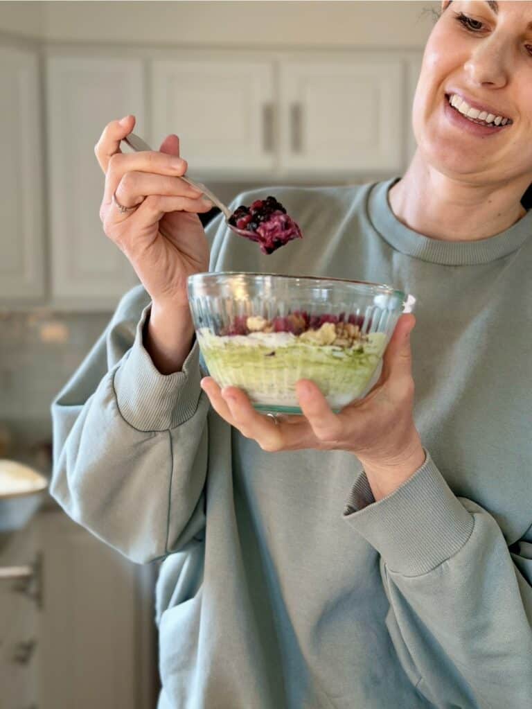 Aimee from Homemaker on a Budget enjoys an antioxidant Rich Greek yogurt bowl with berries for breakfast.