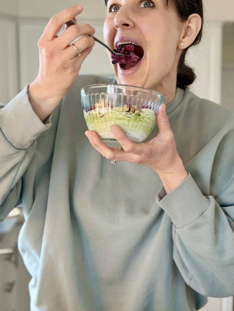 Aimee from Homemaker on a Budget enjoys Greek yogurt with berries for breakfast.