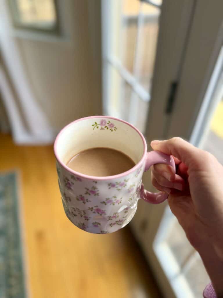 Aimee from Homemaker enjoys a cup of hot chocolate made with only 3 ingredients and raw cacao powder.
