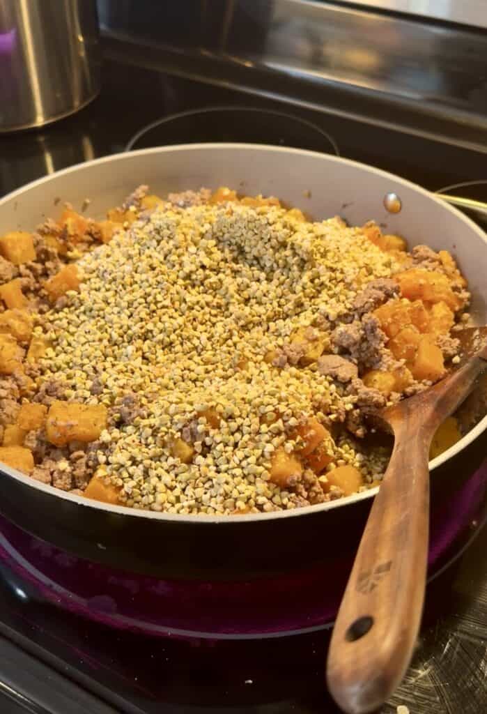 Dinner with just 5 ingredients of ground beef, butternut squash, and buckwheat groats