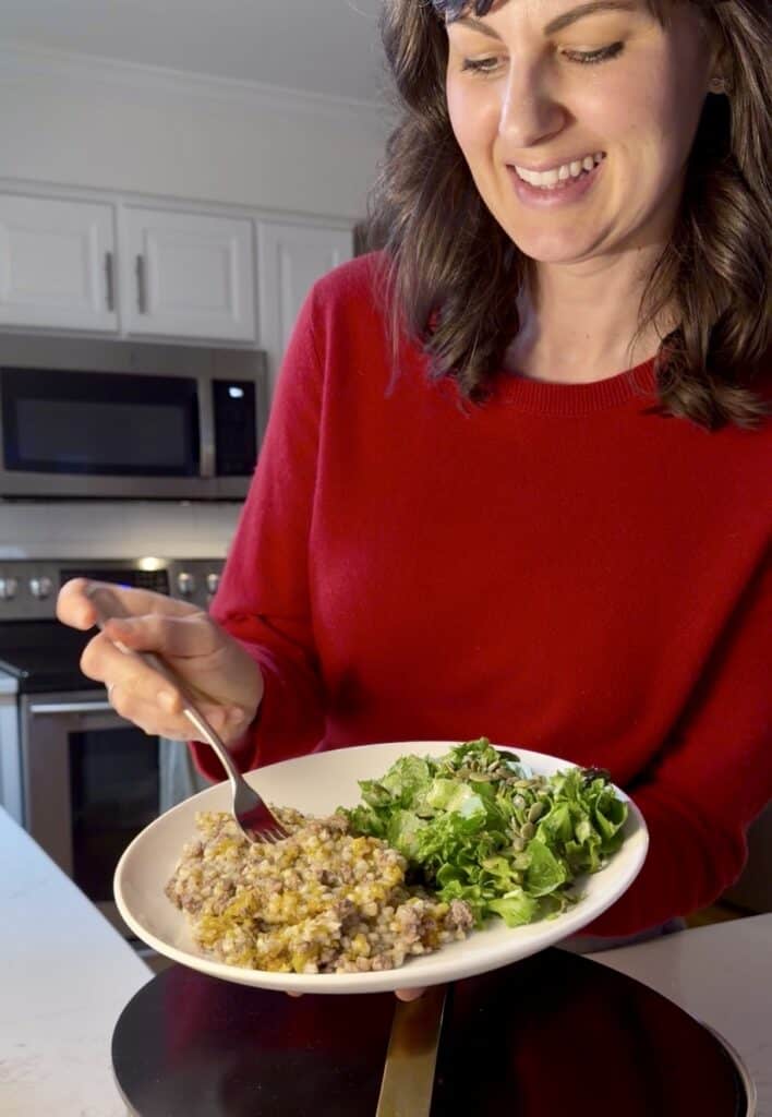 Aimee Guess eating this simple 5 ingredient dinner with ground beef and grains