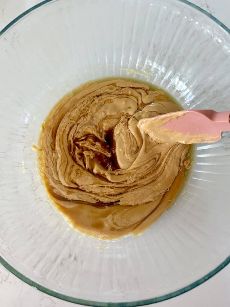Aimee from Homemaker on a Budget mixes ingredients for healthy no-bake buckeye bar recipe.