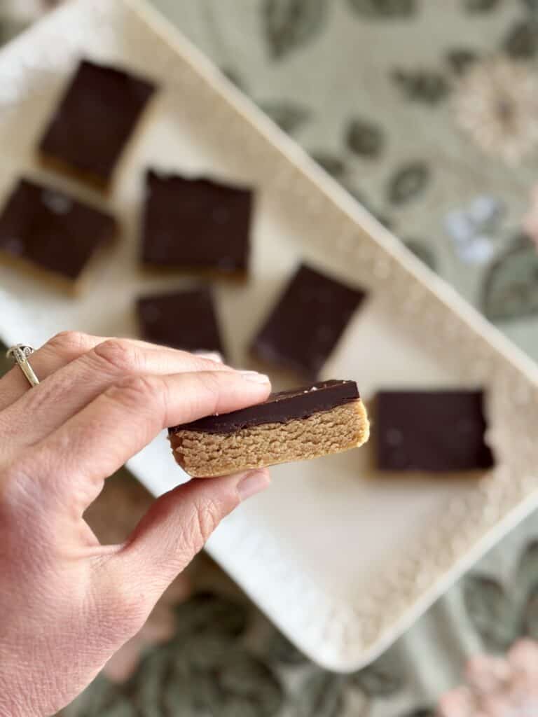 Aimee from Homemaker on a Budget shows us the consistency of a healthy no-bake buckeye bar. 