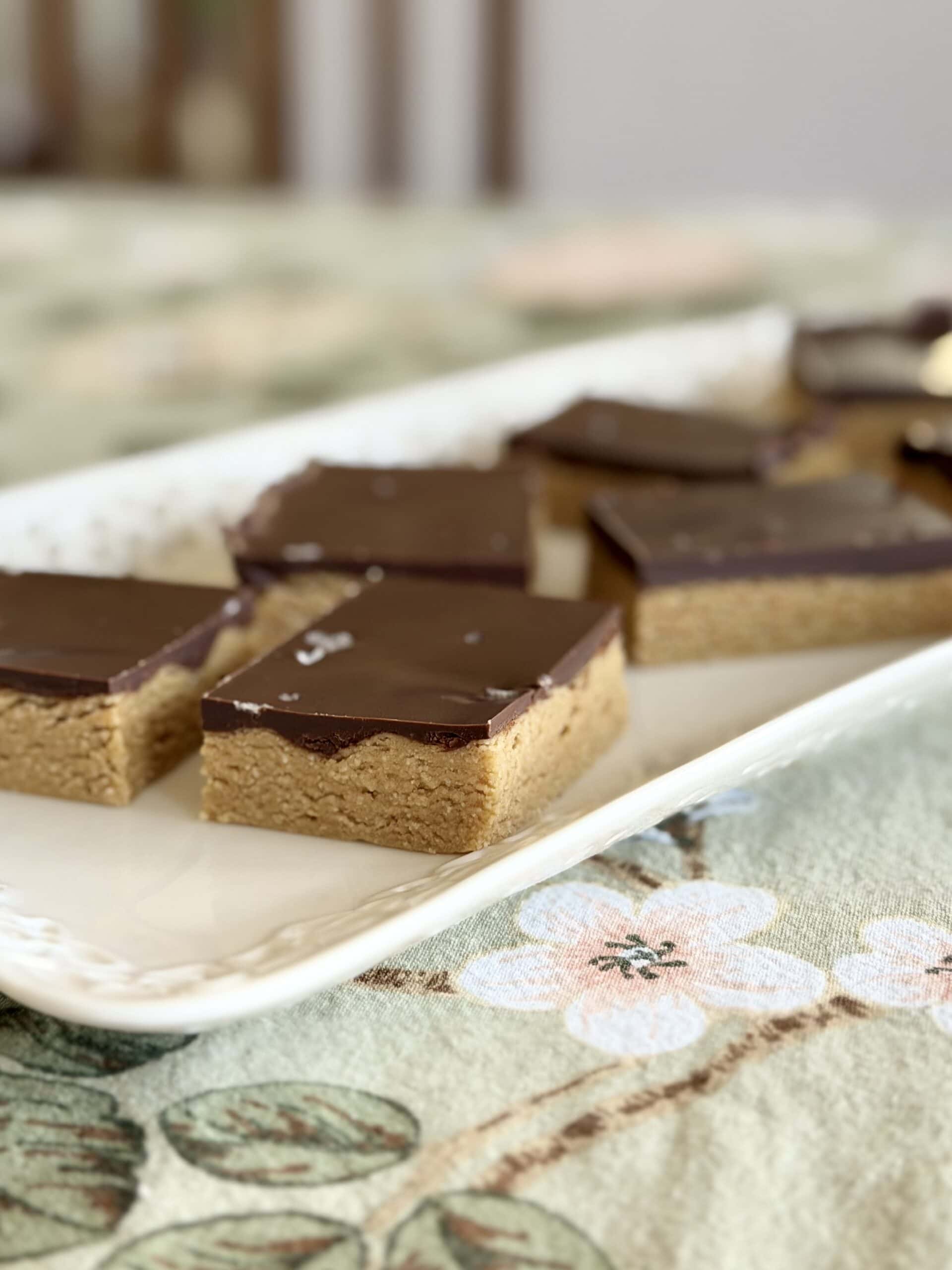 Aimee from Homemaker on a Budget serves a healthy no-bake buckeye bar recipe as a spring treat.