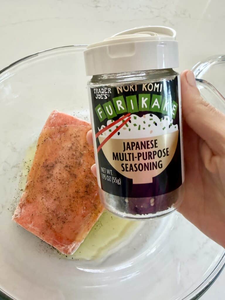Aimee from Homemaker on a Budget uses a Japanese seasoning rub to flavor a frozen salmon fillet. 