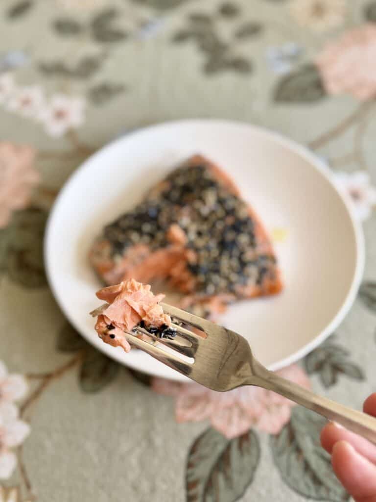 Aimee from Homemaker on a Budget serves a delicious baked salmon fillet from frozen for dinner.