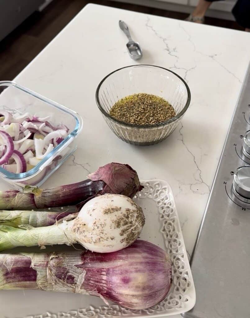 Aimee from Homemaker on a Budget whisks ingredients for pickled red onion marinade.