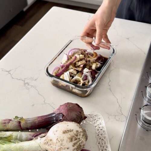 Aimee from Homemaker on a Budget allows red onions to marinate to release juices and flavors.