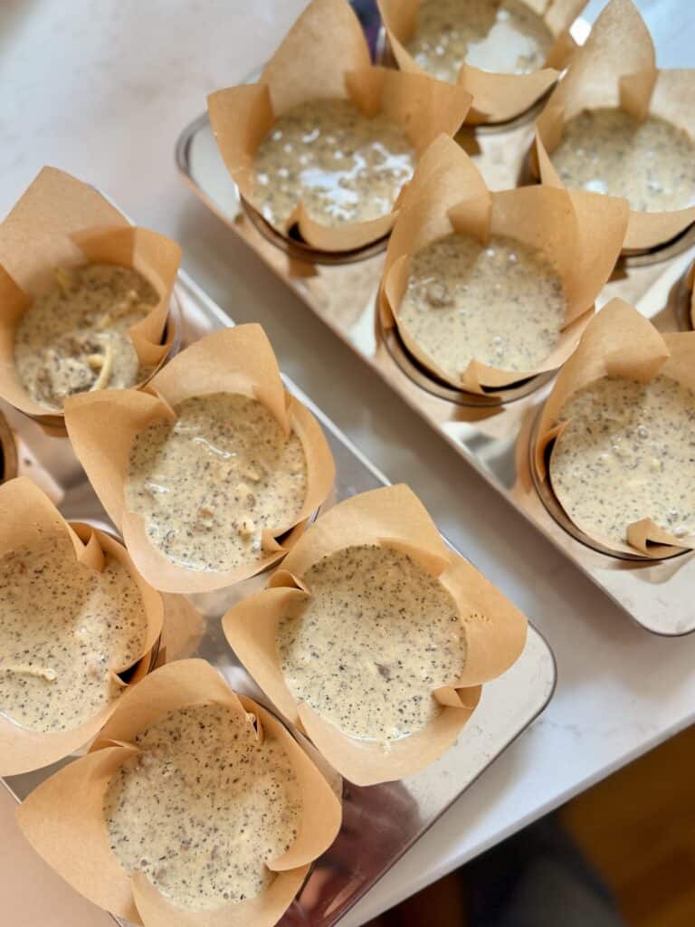 Aimee from Homemaker on a Budget prepares to bake 5-ingredient meat and cheese muffins from pancake mix.