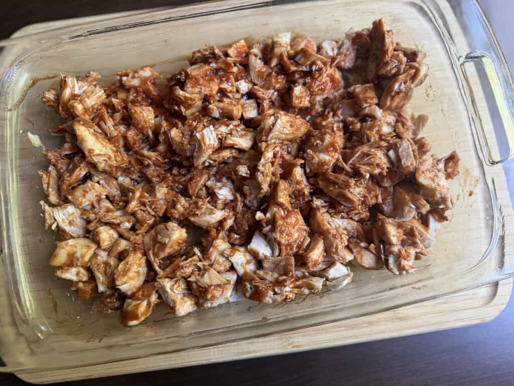 Aimee from Homemaker on a Budget shows us a casserole base of chicken and BBQ sauce. 