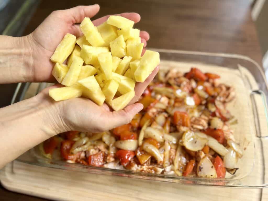 Aimee from Homemaker on a Budget uses fresh pineapple with chicken to create Hawaiian Chicken Bake. 