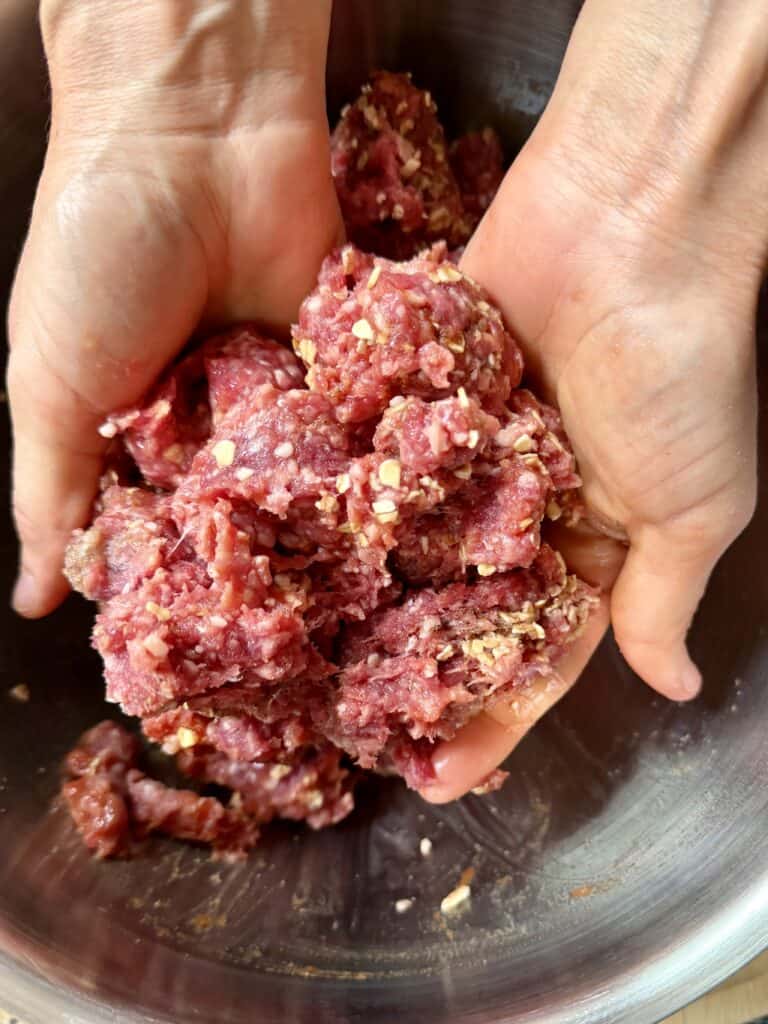 Aimee from Homemaker on a Budget shows the consistency of homemade meatballs, made with simple ingredients.
