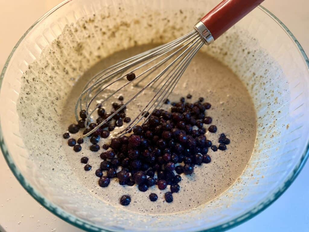 Aimee from Homemaker on a Budget adds antioxidant-rich blueberries to muffins made from pancake mix. 