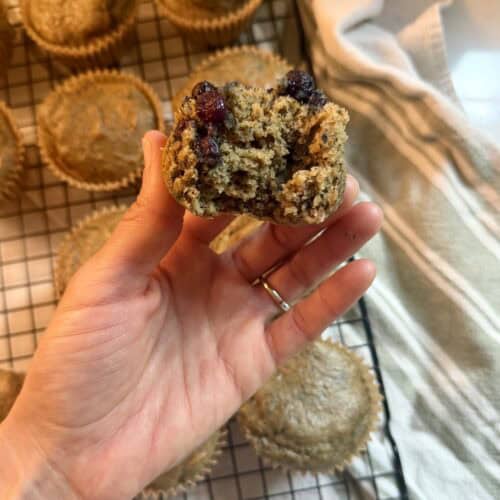 Aimee from Homemaker on a Budget delivers on a delicious blueberry muffin made from pancake mix.