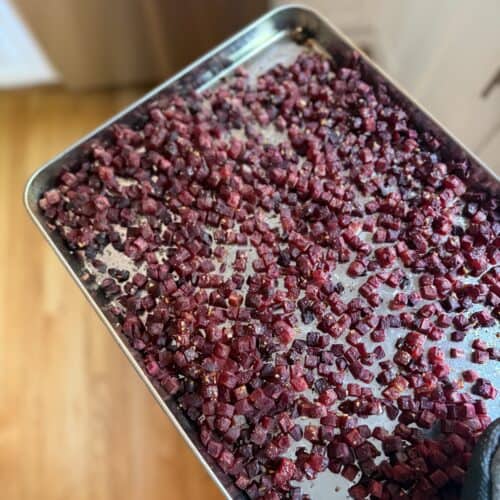 Aimee from Homemaker on a Budget prepares frozen cubed beets for salads and meals by roasting without foil.