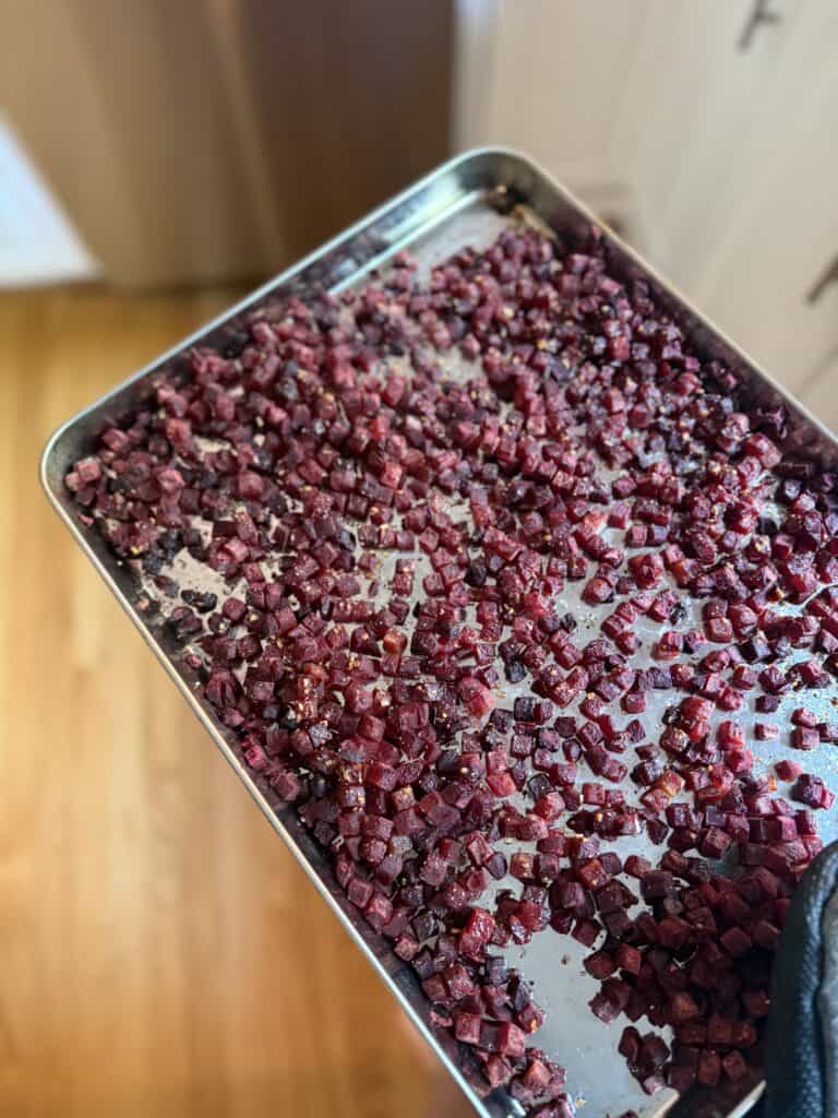 Aimee from Homemaker on a Budget prepares frozen cubed beets for salads and meals by roasting without foil.