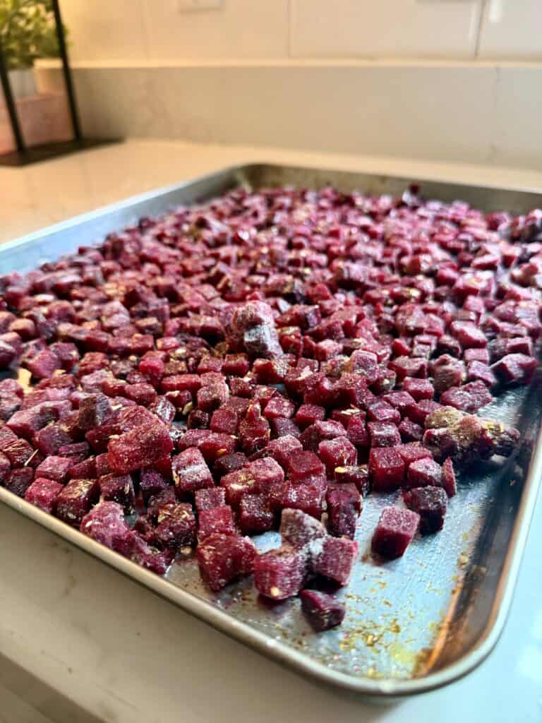 roasted beets without foil on a stainless steel cookie sheet