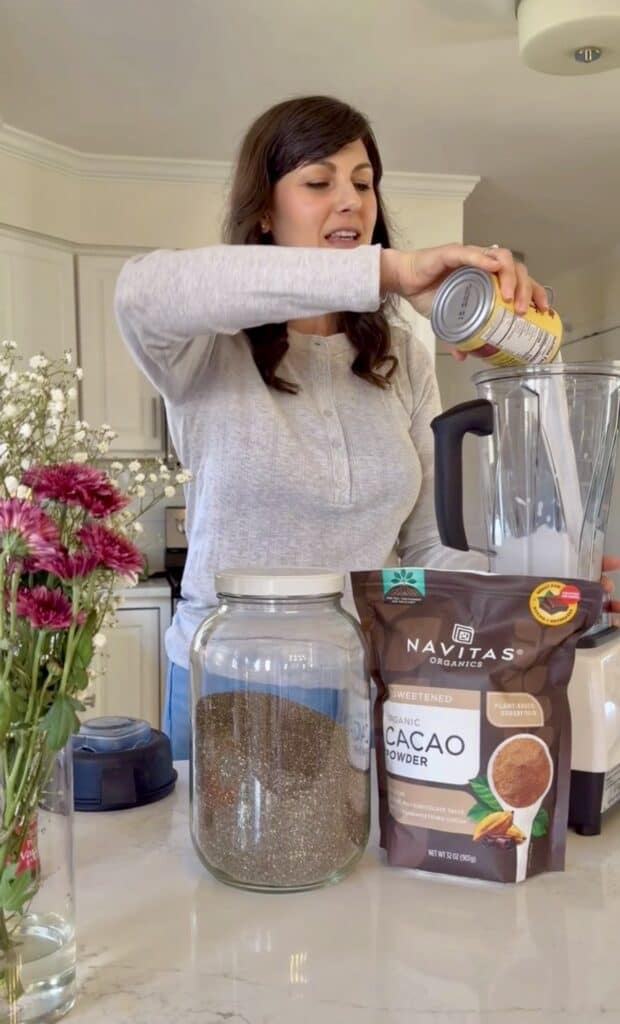 Aimee from Homemaker on a Budget uses a Vitamix blender to prepare a high-protein chocolate chia seed pudding.
