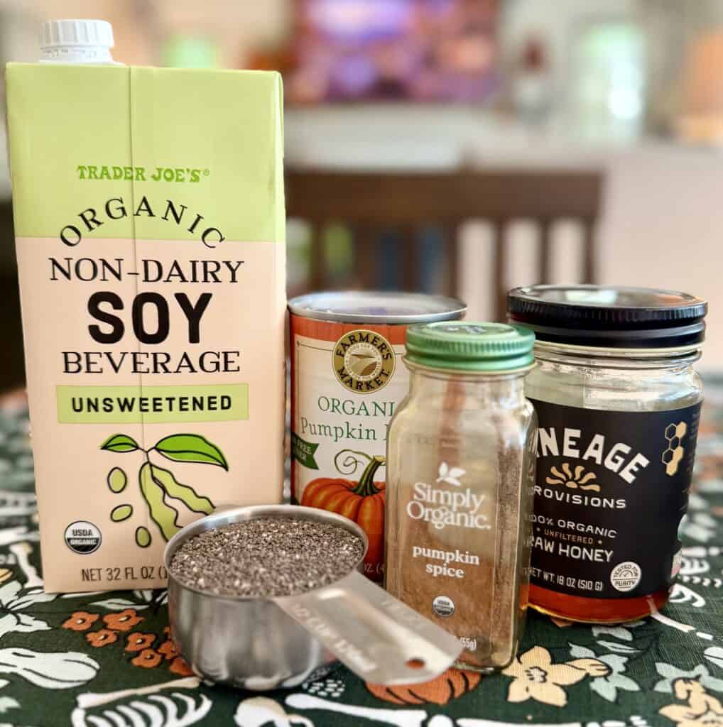 The ingredients used in pumpkin chia seed pudding by Aimee from Homemaker on a Budget! 
