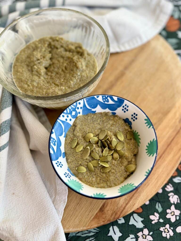 Topped with pumpkin seeds, Aimee from Homemaker on a Budget enjoys a delicious autumn dessert: pumpkin chia seed pudding. 