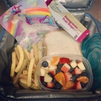 gluten-free sandwich, veggie straws, fruit salad, fruit strip