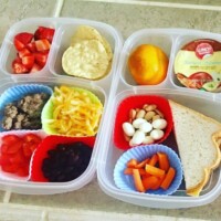 nacho bowls and sandwich with chopped red bell pepper, cutie orange, and applesauce