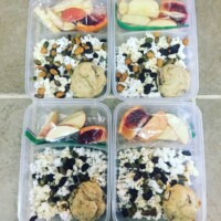 Pear muffins with popcorn trail mix, and apple and orange slices