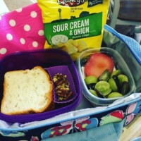 gluten-free sandwich, nuts, grapes and plum, chips