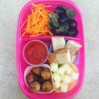 meatballs, cheese cubes, french bread cubes, marinara sauce, carrot matchsticks, and sliced grapes