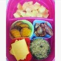 brown rice pudding muffin, vegan cheese, bacon, roasted sweet potatoes, boiled apples