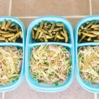 GF pasta with ham, peas, Parmesan cheese, olive oil and garlic salt. Side of green beans.