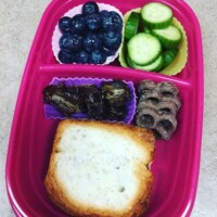 gluten-free sandwich, dates, chocolate covered gf pretzels, blueberries and cucumbers