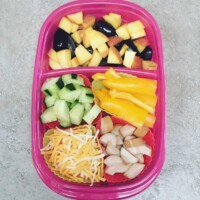 diced chicken hot dog, shredded cheese, mini bell peppers, sliced cucumber, peaches and sliced grapes